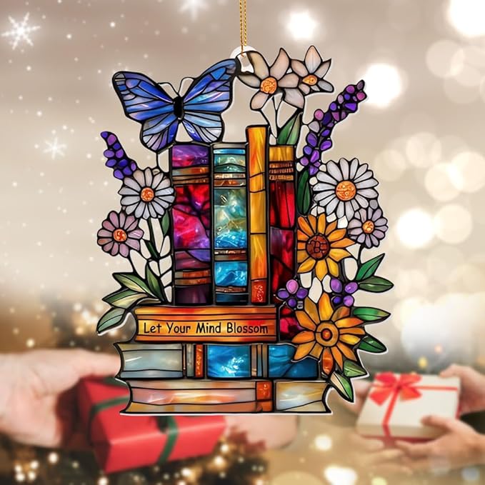 Book Ornament – Stained Glass Style Acrylic Christmas Ornament with,Teacher Back To School Gift, Bookish Gifts For Librarian, BookLovers,Reader, Women, Suncatcher Effect Decor For Christmas Tre,S-18