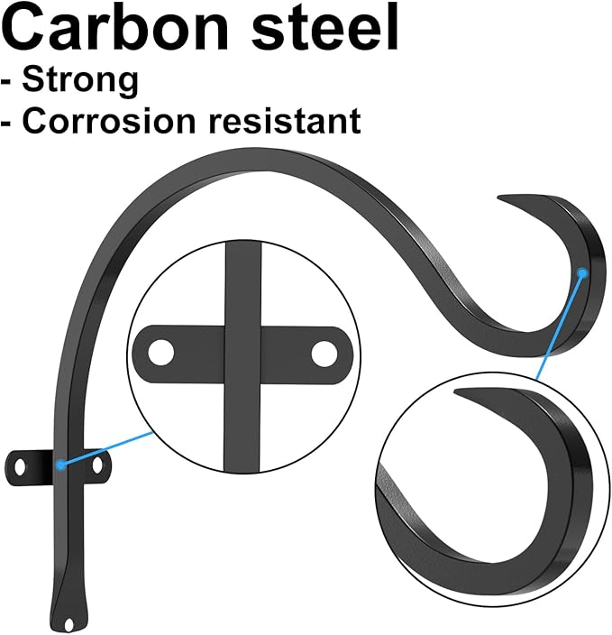 12 Inch Heavy Duty Plant Hanger Wall Hook 2 Pack - Black Iron Hanging Plant Bracket Holds 44 lbs - Rust Resistant Indoor Outdoor Hooks for Bird Feeders Lanterns Wind Chimes Hanging Baskets with Screws