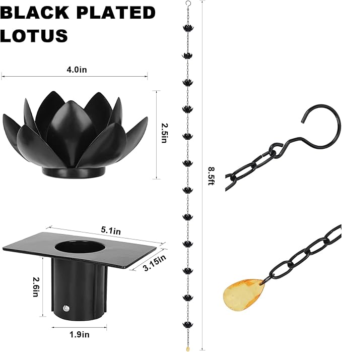 Rifachua 8.5ft Black Rain Chain for Gutters Downspouts Outside, Black Plated Lotus Rain Chain Cups, Functional and Decorative Replacement for Gutter Downspouts