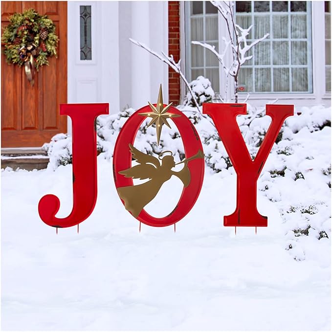 Glitzhome Lighted Joy Angel Garden Stakes, 36.02" H Metal Yard Stake Garden Ornaments Patio Decor Joy Standing Decor or Wall Décor Decorative Sign for Christmas Decorations