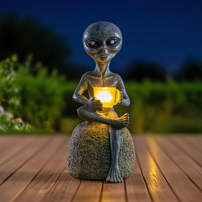 Solar Powered Alien Garden Statue with Coffee Cup, Funny Outdoor Decor, 11.6 x 5.1 x 4.5 inches