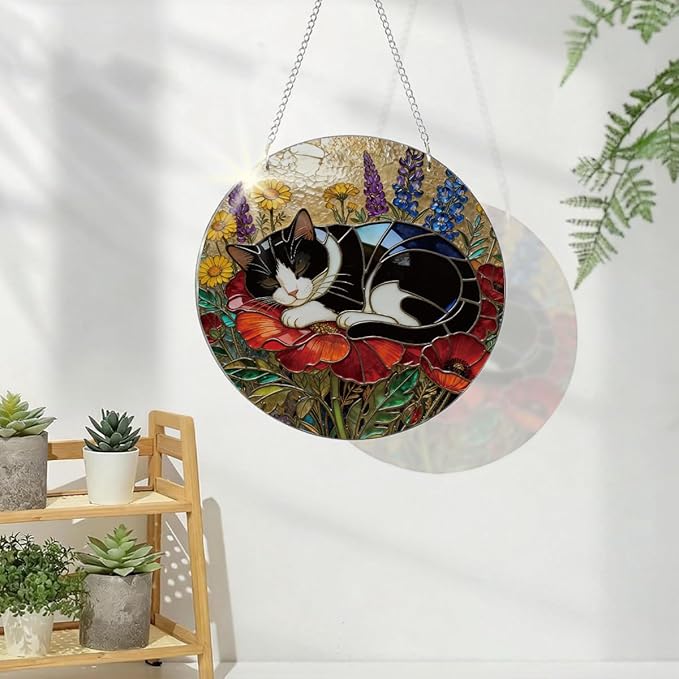 Cat Acrylic Suncatcher, Acrylic Suncatcher Window Hanging Decor, Hand-Painted Sun Catcher Garden Hangings, Cats Christmas Ornaments for Tree Hanging, Cat Lovers Gifts for Women
