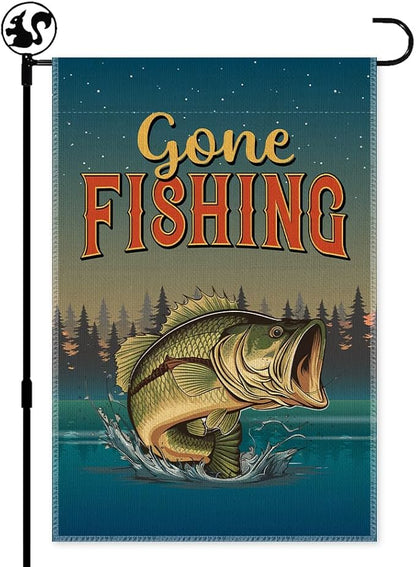 Gone Fishing Garden Flags, 12x18 in Double Sided Farmhouse Outdoor Lawn Decor Yard Flag Gifts, Lake House D閏or, Bass Fishing Banner for Fisherman, Angler Home Flag Gifts for Fisher