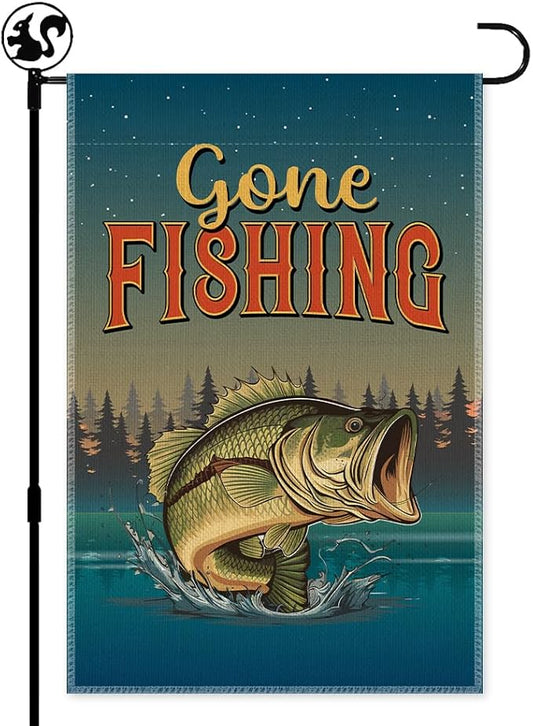 Gone Fishing Garden Flags, 12x18 in Double Sided Farmhouse Outdoor Lawn Decor Yard Flag Gifts, Lake House D閏or, Bass Fishing Banner for Fisherman, Angler Home Flag Gifts for Fisher