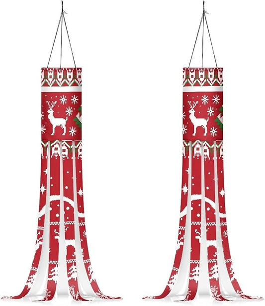 Christmas Elk Snowflake Wind Sock with Tails, Lightweight Fabric Windsock Outdoor Hanging Decorations for Home Yard Yard Patio Lawn Garden, Red Christmas Decor