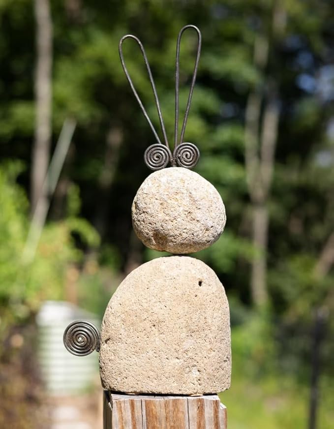 Handmade River Stone Rabbit Garden Statue 11 Inch Metal & Natural Stone Outdoor Bunny Accent, Memorial Day Yard Decor