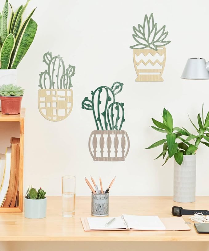 Putuo Decor 3Pcs Western Style Cactus Wall Art, Modern Desert Wall Decor, Rustic Metal Cactus Wall Art for Home, Living Room, Bathroom, Bedroom (Green & Beige)