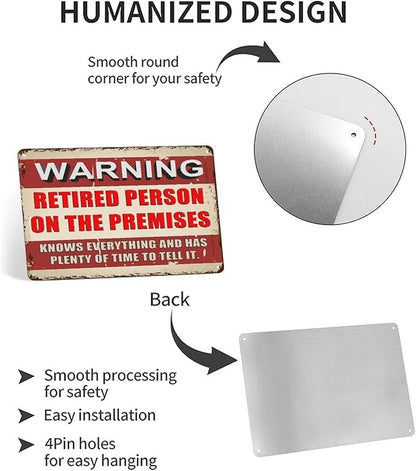 Retirement Gifts for Men/Women Metal Patio Signs Retirement Party Decorations - Warning Retired Person On Premises Knows Everything Sign - Funny Vintage Yard Door Decor 8 X 12 Inch