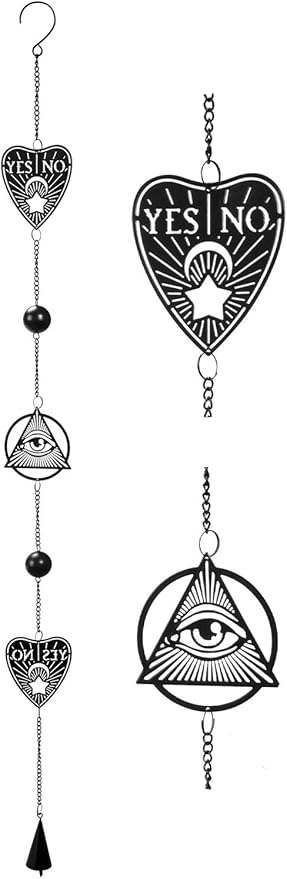Ebros Ouija Board Planchette and All Seeing Eye of Providence Black Coated Steel Metal Wall Hanging Wind Chime with Beads Home and Patio Decor Wicca Occult Mobile Noisemaker