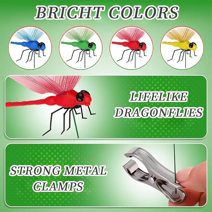 8 Pack Dragonfly Clips for Outdoor Decor - 3D Realistic Fake Dragonflies, Lifelike Insect Clips for Hats, Garden, Plants & Patio, Waterproof Hanging Ornaments with Wind-Activated Wings