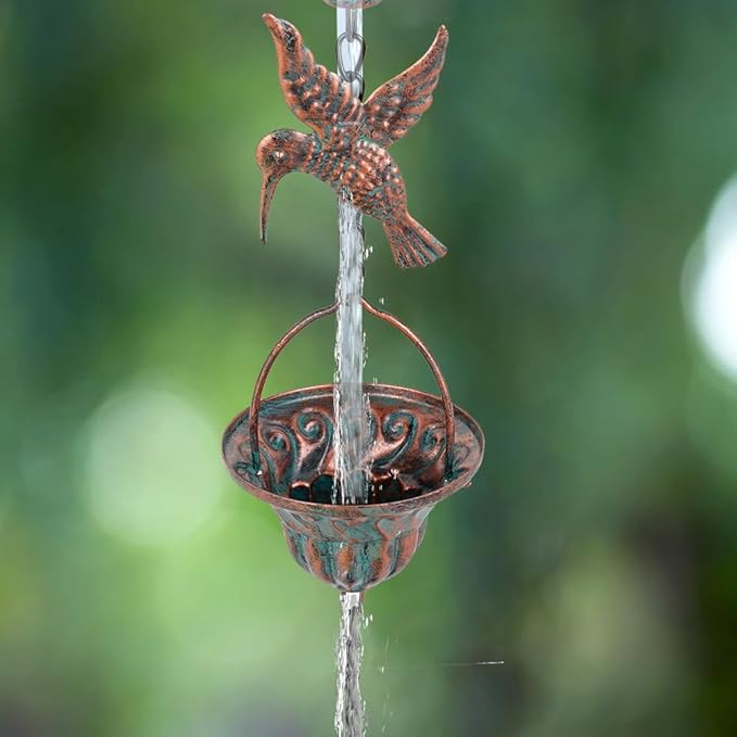 Rain Chain for Gutters, 8.7 Ft Rain Chains with 12 Cups & Detachable Hummingbird Decor, Adjustable Rain Catcher Chain with Bell for Eaves Drainage, Replacement for Downspout