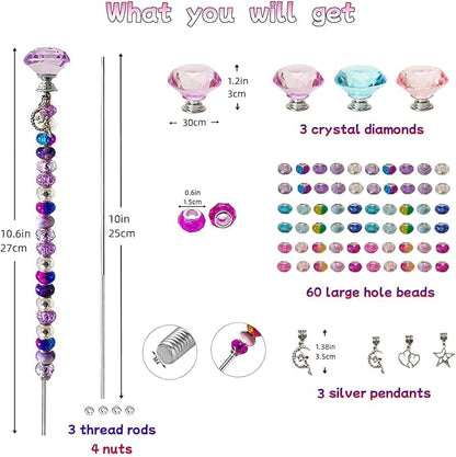 72Pcs DIY Fairy Wand Beaded Garden Stakes Kit Fairy Wands Kit for Different Festivals Fairy Garden Accessories Outdoor Fairy Garden Stakes Decorative, Diamond-(Purple+Lake Blue+Pink)