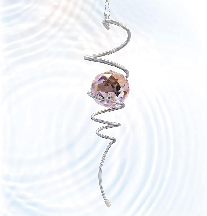Gazing Ball Spiral Tail with Pink Crystal Orb | Sparkling Wind Spinner Stabilizer, Sun Catcher Rainbow Maker, Hanging Indoor/Outdoor Garden Decor & Gift Gift for Mom Grandma, 13" Height
