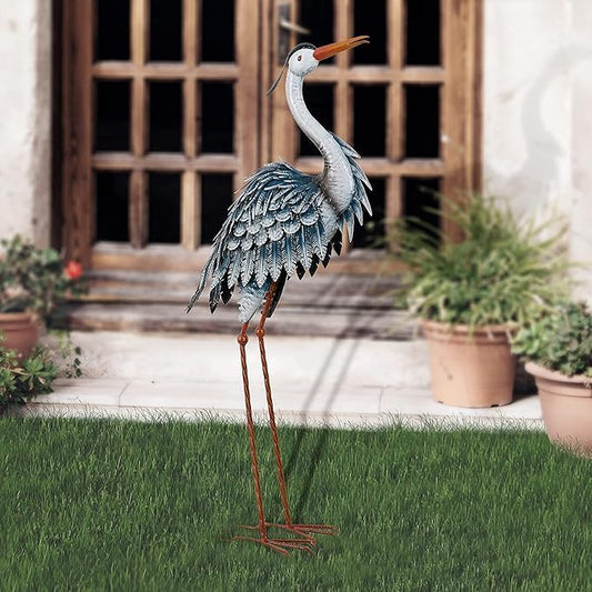 TERESA'S COLLECTIONS Garden Decor Blue Heron Sculptures & Statues,24.5" Coastal Metal Heron Decoy for Outdoor Outside Vivid Bird Metal Yard Art Cranes Patio Pond Pool Lawn Decorations,Gift for Mom