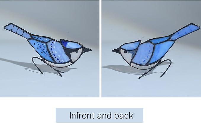 Lolitarcrafts Blue Jay Stained Glass Suncatcher for Pot Plant Decoration - Unique Planter Decor, Home Office Plant Decoration