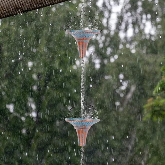 10 Ft Rain Chains for Gutters, Metal Rain Catcher Chain for Eaves Drainage, Rain Gutter Chains with 10 Blue Funnel Cups, Adjustable Rain Chain for Outdoor Decor