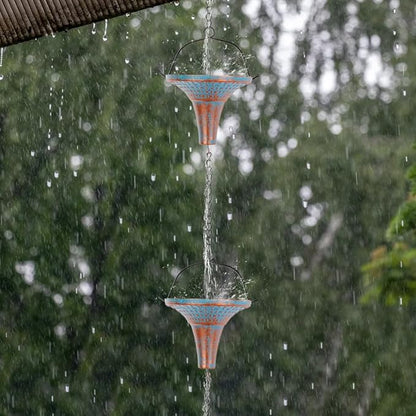 10 Ft Rain Chains for Gutters, Metal Rain Catcher Chain for Eaves Drainage, Rain Gutter Chains with 10 Blue Funnel Cups, Adjustable Rain Chain for Outdoor Decor