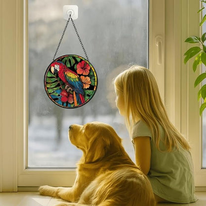Stained Glass Window Hanging - Tropical Parrot with Hibiscus Flowers Sun Catchers Indoor Stained Glass Panels Wall Decor for Mom,Wife,Lovers,Festive