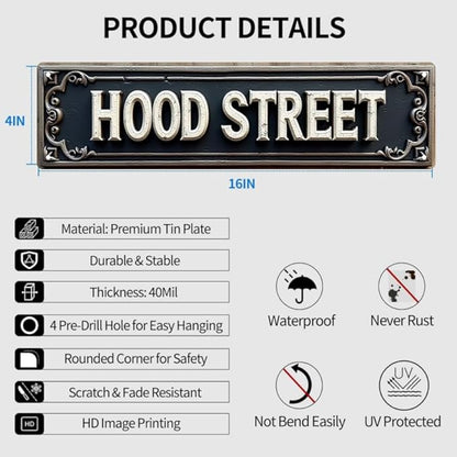 Decorative Tin Signs 16 * 4 Inches Hood Street Sign - Beach Theme Decor Outdoor Signs Vintage Room Decor for Bedroom Patio Garage