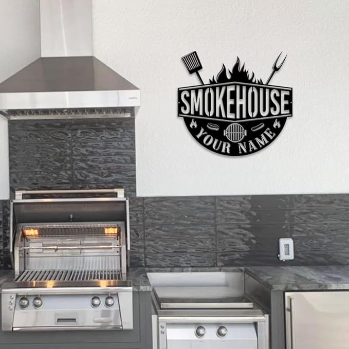 MeMate Smokehouse Sign, BBQ Zone Signs Metal, Grill Sign to Personalize, Grilling and Chilling Personalized Barbecue Metal Signs Kitchen Decor, Custom Name Outdoor Plaques for Backyard, Patio, Porch