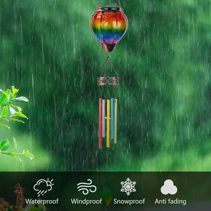 Starsoul Solar Wind Chimes for Outside, Colourful Hot Air Balloon with Flickering Flame Solar Wind Chime, Glass Windchimes Outdoors Garden Decor, Gift for Mother's Day Mom Grandma