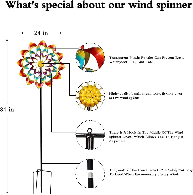 Pure Echo Wind Spinners Outdoor for Yard and Garden Large, Metal Wind Spinners & Wind Sculptures 84 inch, Birthday Gift for Women Family Garden Decor(Colorful)