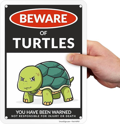 SmartSign Funny Beware Of Turtles Warning Sign - 10"x7", 40 mil Laminated Rust-free Aluminum - Metal Signs for Tank Accessories Decor, Outdoors, Patio, Man Cave, Gifts - Turtles Theme, Made in USA