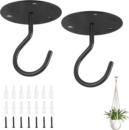 Mkono Ceiling Hooks for Hanging Plants, Metal Plant Hanger Bracket Wall Mount for Hanging Bird Feeders, Lanterns, Wind Chimes, Planters, Indoor&Outdoor Decoration (2-Pack) (Black)