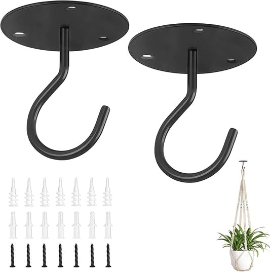 Mkono Ceiling Hooks for Hanging Plants, Metal Plant Hanger Bracket Wall Mount for Hanging Bird Feeders, Lanterns, Wind Chimes, Planters, Indoor&Outdoor Decoration (2-Pack) (Black)