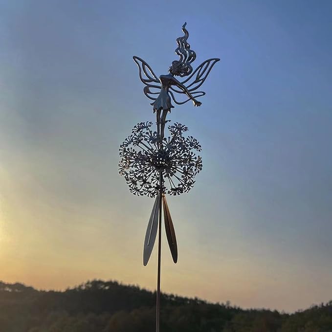 Flower Fairy Dancing with Dandelion, Fairy Garden Sculptures, Angel Metal Ornaments Gardens Art Sculpture, Stainless Steel Statue Garden Ornaments Art Decorations for Outdoor Yard Lawn Patio (A_3D)