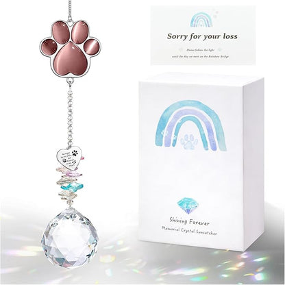 Dog Memorial Gifts for Loss of Dog, Pet Memorial Gifts for Dogs, Thoughtful Bereavement Remembrance Crystal Suncatcher with Sympathy Card (Purple Red)