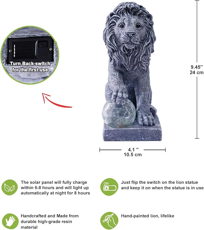 Nacome Guardian Lion Garden Statue: Outdoor Decor Sculpture with Ball Lights for Yard Art Porch Patio - Unique Birthday Gifts for Women Mom(9.45in)