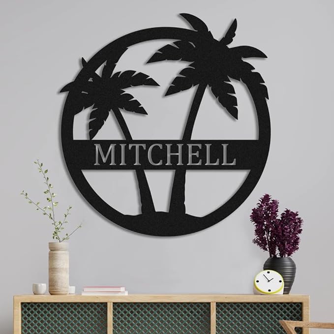 Personalized Metal Name Beach Sign Custom Metal Palm Tree Sign, Beach House Sign for Outdoor Garden Home Patio Outdoor Beach Metal Gift