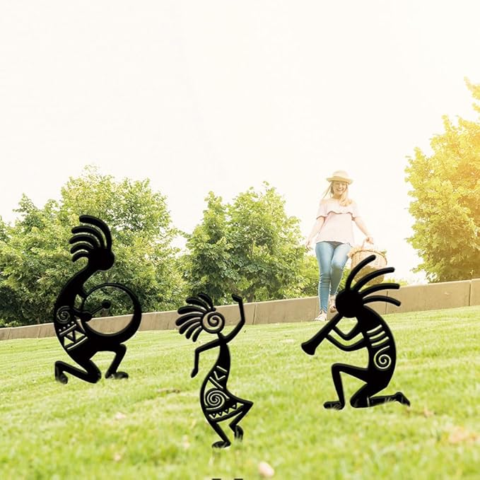 SUPERDANT 3PCS Kokopelli Metal Garden Yard Art Decor Black Silhouette Outdoor Iron Art Decoration Garden Stakes Statues Ornament Crafts for Backyard Parks Lawns Outdoor Spaces