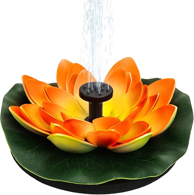 Solar Water Fountain for Bird Baths, Floating Solar Powered Water Fountain Pump for Birdbath, Garden, Pond, Pool, Outdoor Decor, Water Lily, Orange