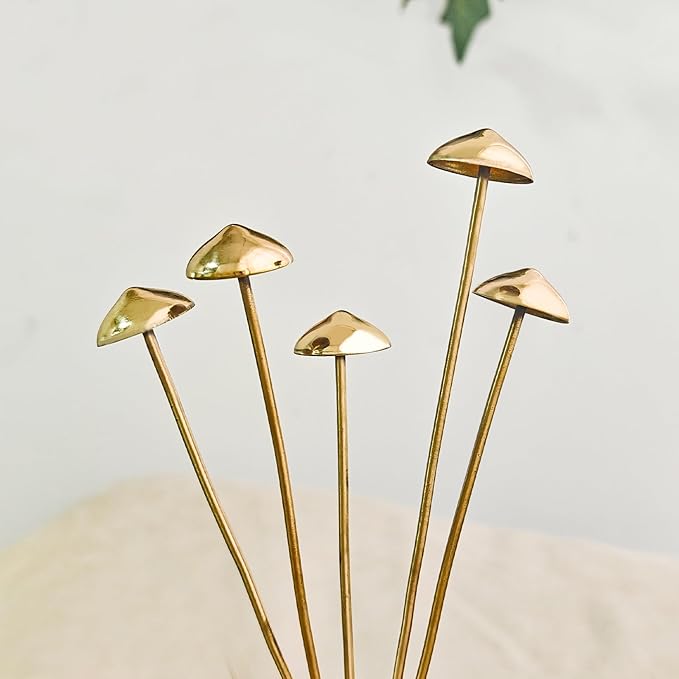 Rainteam 5Pcs Brass Fake Mushroom Plant Stakes Metal Fairy Garden Decor for Potted Plants Indoor Outdoor Plant Accessories Gift for Gardeners & Plant Lovers