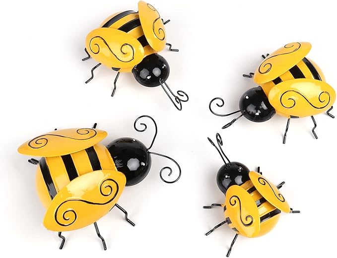 Mentoart Metal Bee Wall Art, 4-Pack – Party-Themed Hanging Sculpture for Bedroom & Living Room, Outdoor Garden, Patio, Fence or Yard Decoration