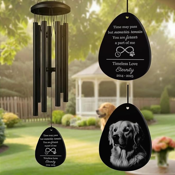 Personalized Pet Memorial Wind Chimes for Outside – Custom Sympathy Gift for Loss of Dog Cat Horse Bird- Laser Engraved with Your Pet's Photo & Name – in Loving Memory – Outdoor Garden Decor