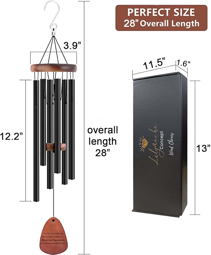 Memorial Wind Chimes, Black 28", Unique Sympathy Gift, Memorial Gifts for Loss of Mother/Father. Bereavement Condolence Remembrance Funeral Gifts in Memory of Loved Ones.