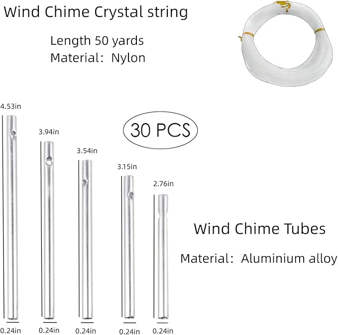 Wind Chime Tubes 30Pcs Wind Chime Kit for DIY Home Garden Outdoor Hanging Decorations 5 Different Length (Wind Chime+ String)