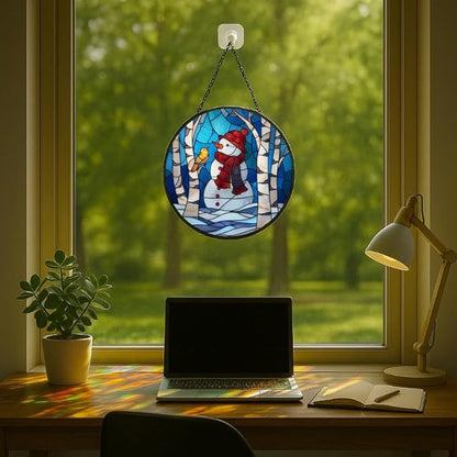 Stained Glass Window Hanging - Christmas Snowman & Bird on Birch Tree Branch Sun Catchers Panel for Indoor Decorative Display for Mom, Wife, Lovers, Festive