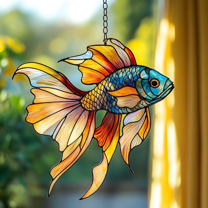 Rainbow Beta Fish Acrylic Suncatcher Stained Glass Effect Window Car Hanging Christmas Ornament Indoor Outdoor Decor Garden Sun Catcher Panel for Acrylic Suncatcher Lover for Women Mom Grandma