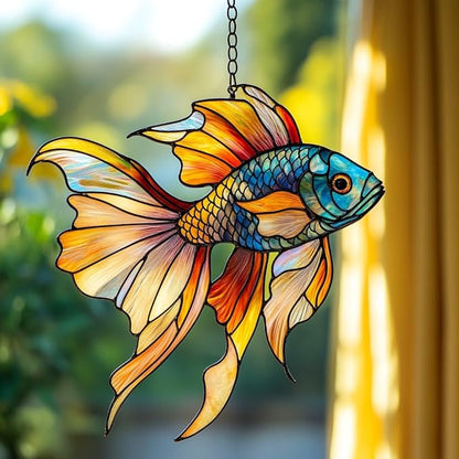 Rainbow Beta Fish Acrylic Suncatcher Stained Glass Effect Window Car Hanging Christmas Ornament Indoor Outdoor Decor Garden Sun Catcher Panel for Acrylic Suncatcher Lover for Women Mom Grandma