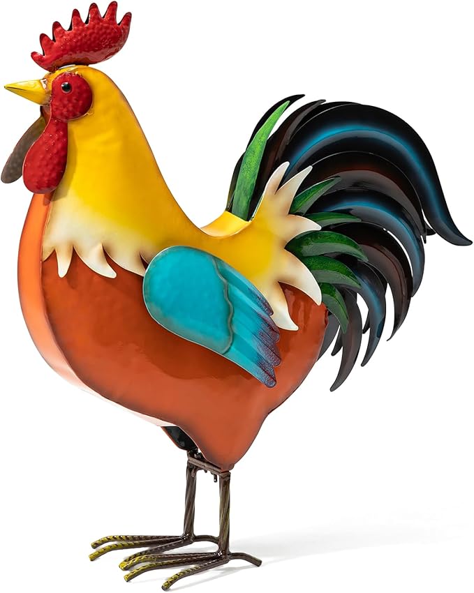 Glitzhome 21" Metal Vibrant Rooster Yard Decor, Outdoor Garden Statues, Vivid Chicken Sculptures for Backyard Kitchen Lawn Porch Farm Decor