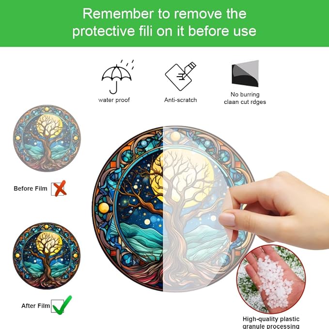 1PC Tree of Life Stained Glass Suncatcher Nature Round Big Trees and Stars Moon Suncatcher Hanging Decoration with Metal Chain-SunCatchers for Window Decor Outdoor Garden Decor Gift