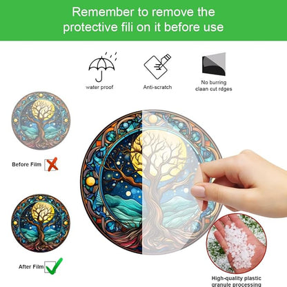 1PC Tree of Life Stained Glass Suncatcher Nature Round Big Trees and Stars Moon Suncatcher Hanging Decoration with Metal Chain-SunCatchers for Window Decor Outdoor Garden Decor Gift