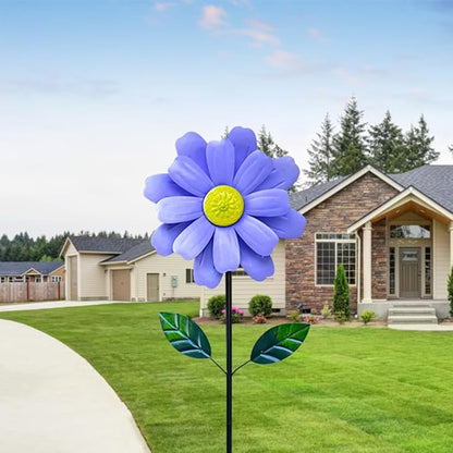 Metal Sunflower Wind Spinner,45 in Double Layer Sun Flower Windmill with Green Leaves and Stake,360° Rotating Sunflower Decor Wind Pinwheel Sculpture for Garden Yard Patio Lawn Decor (Blue)