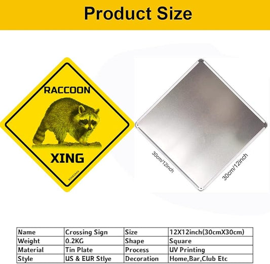 Raccoon Xing Crossing Sign Funny Novelty Metal Tin Sign for Bar Club Country Home Coffee Shop Indoor& Outdoor Decor Yellow Street Sign 12X12inch