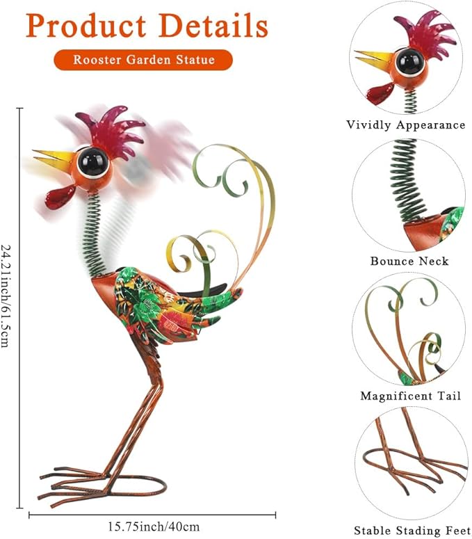 Metal Wacky Rooster Garden Statue, 24'' Rooster Decor Yard Statue Decorations Outdoor, Chicken Yard Art for Outside, Patio, Backyrad, Lawn(Red)