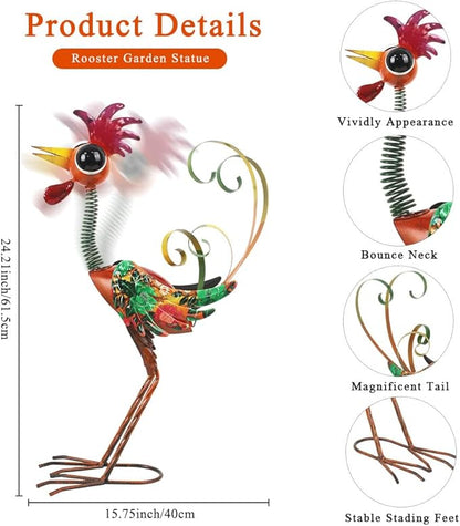 Metal Wacky Rooster Garden Statue, 24'' Rooster Decor Yard Statue Decorations Outdoor, Chicken Yard Art for Outside, Patio, Backyrad, Lawn(Red)